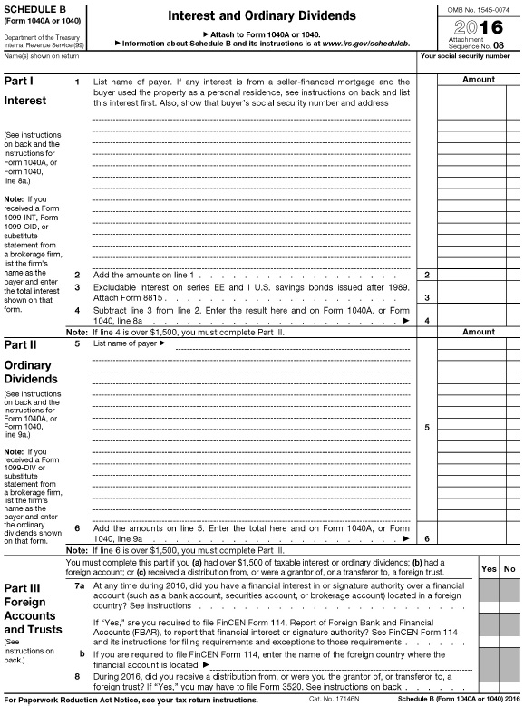 Form 1040 schedule B has parts I, II, and III for interests, ordinary dividends, and foreign accounts and funds with rows and blank spaces, et cetera.