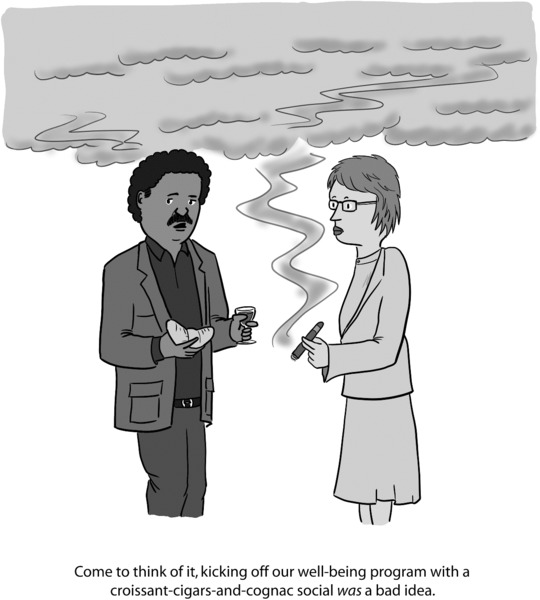 Cartoon shows a man holding a croissant telling a woman holding a cigar, ‘Come to think of it, kicking off our well-being program with a croissant-cigars-and-cognac social was a bad idea.’ while a cloud of smoke looms above them.