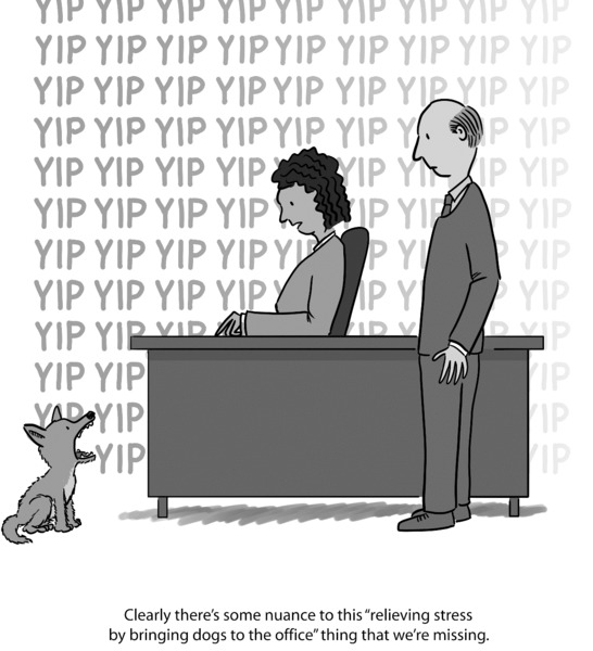 Cartoon shows man and woman looking at a barking dog and the woman stating, ‘Clearly there’s some nuance to this “relieving stress by bringing dogs to the office” thing that we’re missing.’