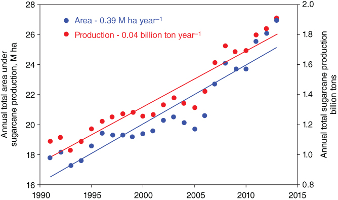 Graphical illustration of temporal trend in the sugarcane production worldwide mainly due to a gain of both production area and crop productivity.