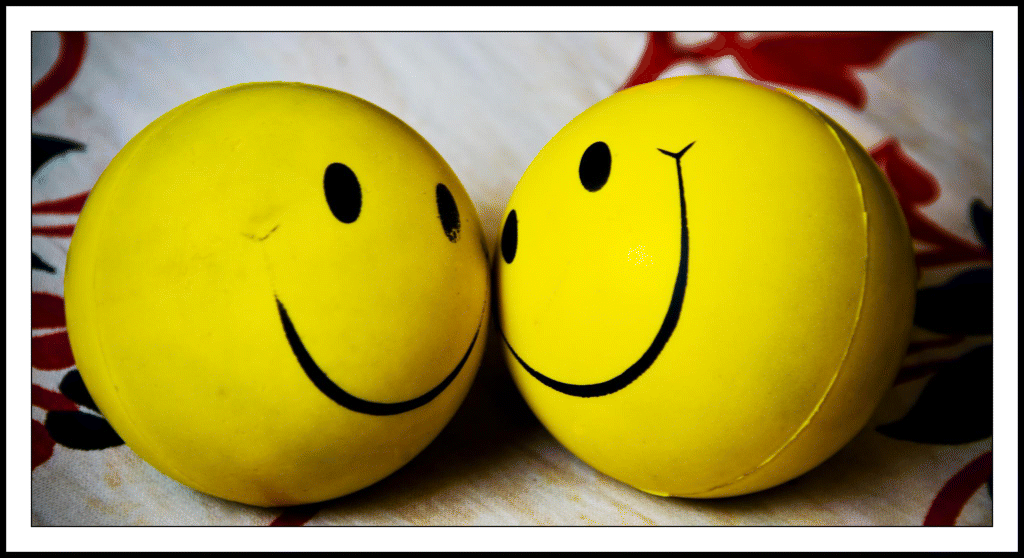 The photograph depicting two smiley balls.