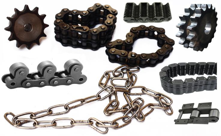 Photos of power transmission chains, drag chains, roller chains, and lifting chains.