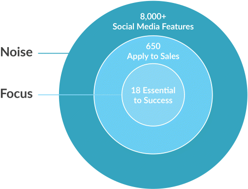 Figure depicting three concentric circles where the innermost circle corresponds to focus and the outermost corresponds to noise. In the innermost circle is mentioned 18 essential to success, in the middle circle is mentioned 650 apply to sales, and in the outermost circle is mentioned 8,000+ social media features.