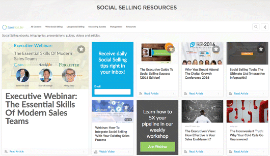 A screenshot image depicting a page of social selling resources library of Sales for Life.
