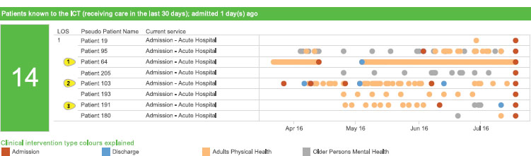 Dashboard shows patients 19, 95, 64, 205, 103, 193, 191, and 180 admitted in last 24 hours with the details of admission, discharge, adult physical health, and older persons mental health.