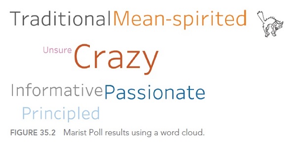 Word cloud show 7 different words as Traditional, Mean-spirited, Unsure, Crazy, Informative, Passionate, Principled.