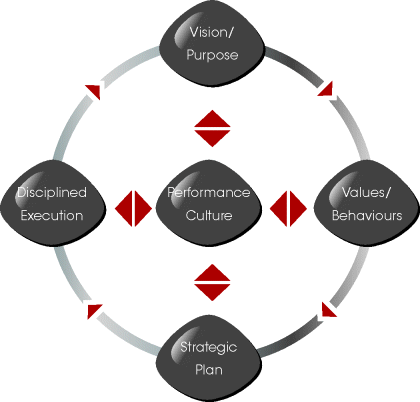Figure depicting the five elements of the High Performing Organization Model, where vision/purpose, values/behaviours, strategic plan, and disciplined execution are arranged clockwise in a cyclic manner. Performance culture in the centre is bidirectionally connected to all the other four elements.
