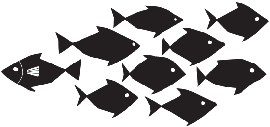 Illustration of silhoutte of a school of fish (nine fish). While eight fish are seen moving toward the right-hand direction, one fish, with a fin, is seen moving in the opposite direction.