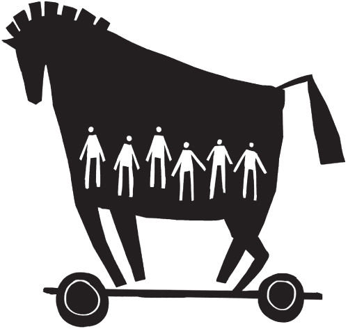 Illustration of silhoutte of a horse-like animal on wheels. Six human-like figures are seen in the horse's stomach.