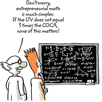 Diagram shows board with many equations and graphs written on it and two persons standing in front of it and one says ‘don’t worry, entrepreneurial math is much simpler.