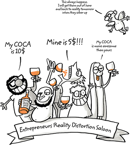 Diagram shows group of people enjoying their drinks in front of banner entrepreneurs reality distortion saloon, where one person says 'my COCA is 10$' and other 'mine is 5$', et cetera.