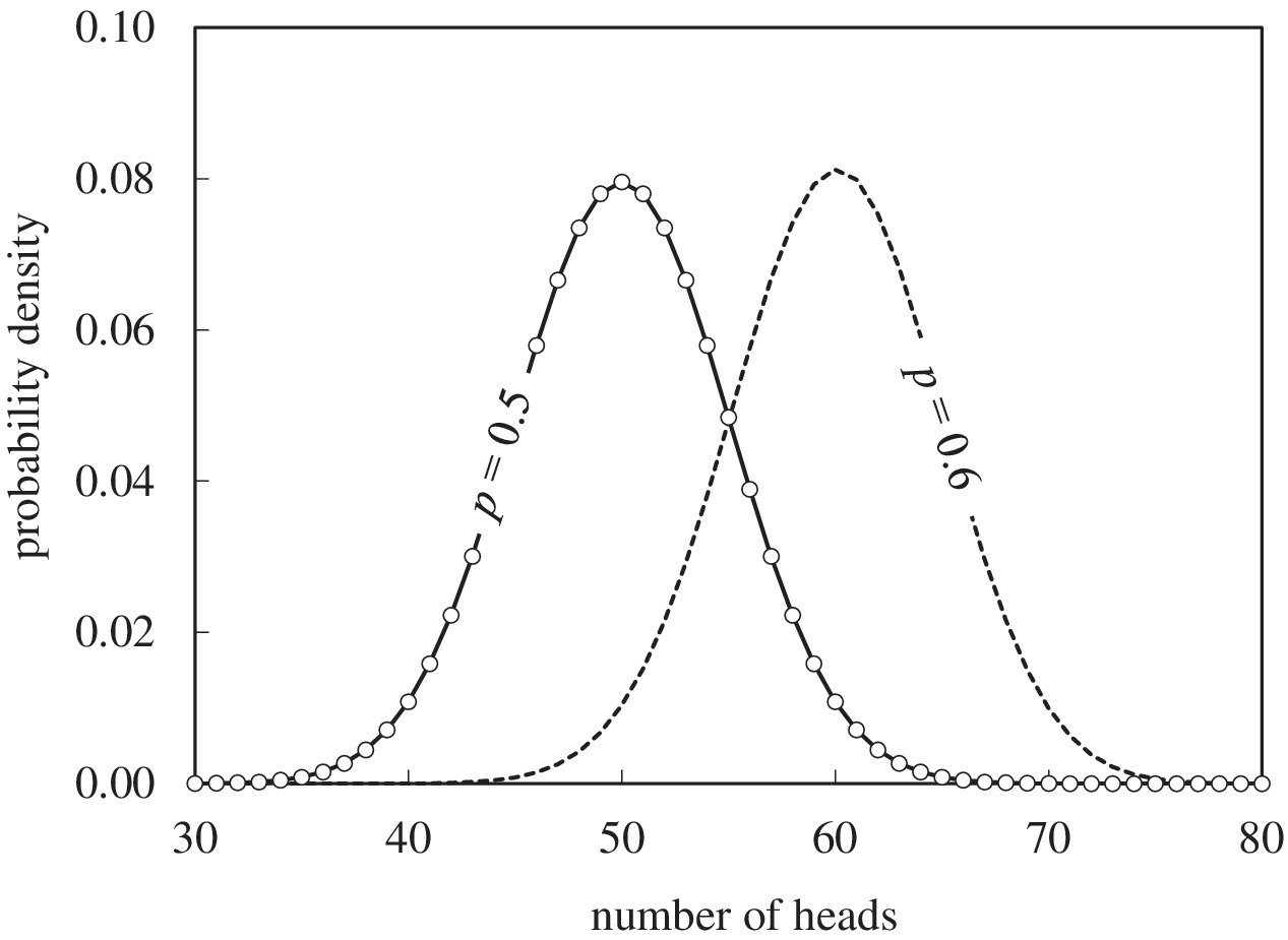 Number of heads vs. probability density displaying two discrete bell-shaped curves for p = 0.5 (dotted) and p = 0.6 (dashed), illustrating the probability density of the number of heads from 100 tosses.