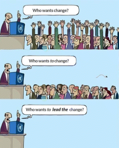 A cartoon image depicting a person who is addressing a crowd. At the top, the person is asking “who wants change?” and the people in the crowd have raised their hands in the reply. At the middle the same person is asking the same question, and in reply no one has raised the hand. At the bottom, the person is asking “who want to lead the change” and the crowd disappeared.