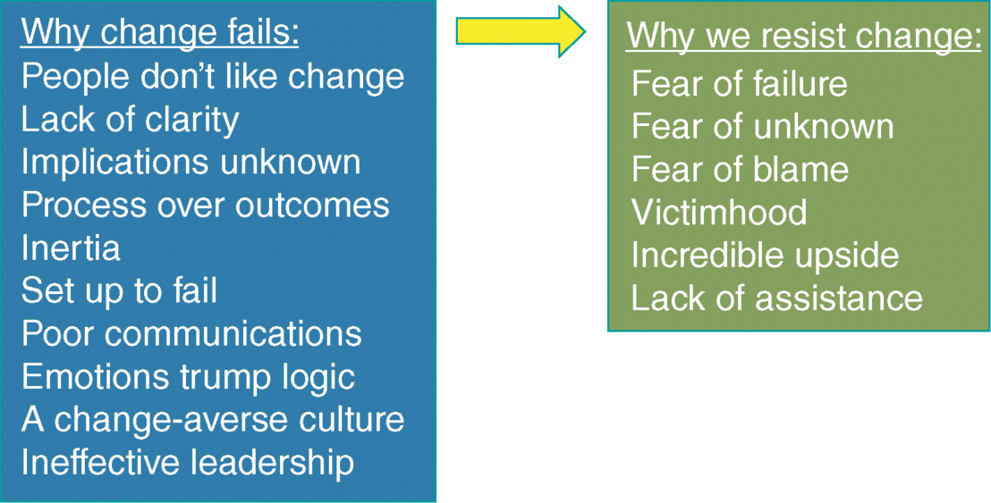 Figure depicting the top ten reasons for the failure of vast majority of change initiatives to deliver their anticipated outcomes are listed in the left-hand box of the figure, starting with the main over-riding reason — that people simply don't like change.