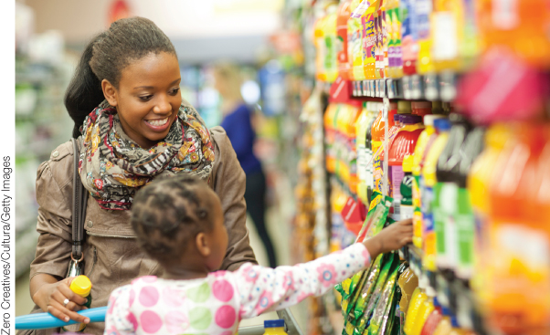 Photo illustration of a kid picking a product from the rack while her mother looks on.