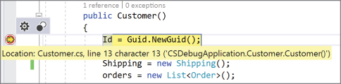 Illustration of breakpoint added to the constructor of the Customer class.