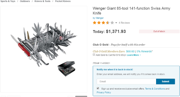 Snapshot of a web page showing a Wenger Giant 85-tool 141-function Swiss Army Knife on sale.