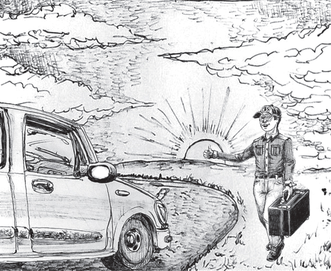 Sketch showing a sunrise scene. A car is parked across the sun with a man walking toward the same holding a briefcase in the left hand and showing a thumbs-up through the right hand.