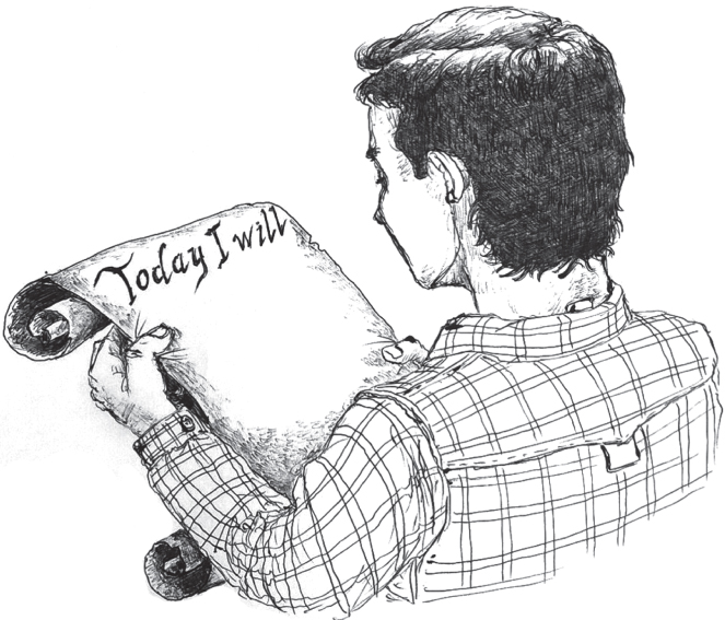 Sketch showing a backview of a man reading a paper that has the words “Today I Will” printed on it.