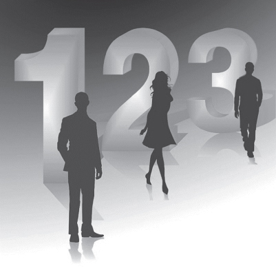 Illustration of the numbers 1, 2, and 3 (live size) with the silhouettes of a man, a woman, and another man standing infront of the numbers, respectively.