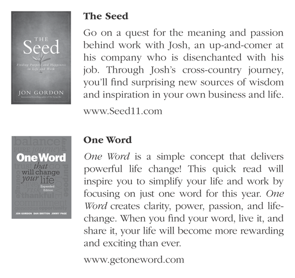 The cover page of a book titled "The Seed," the story of a quest for the meaning and passion behind work with Josh, an up-and-comer at his company who is disenchanted with his job. and The cover page of a book titled "One Word that will change your life," a simple concept that delivers powerful life change!