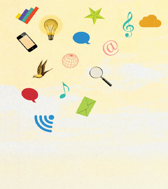 Figure depicting bars, electric bulb, star, cloud, mobile phone, @ symbol, bird, globe, microscope, chat box, music symbol, envelope, and Wi-Fi sign.