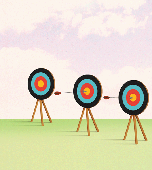Figure depicting three target boards. One arrow in the middle of each of last two targets are stuck.