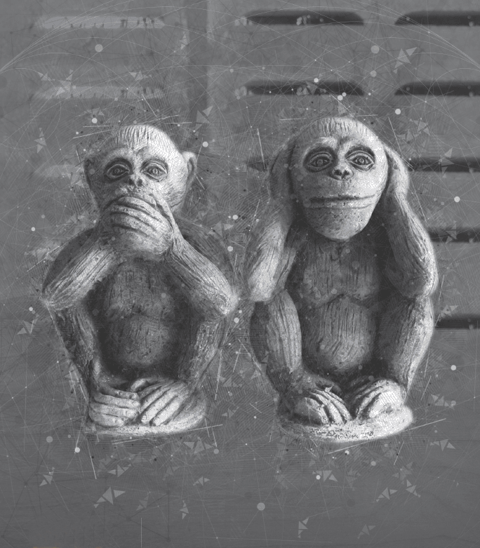Figure depicts the statue of two monkeys; one has covered his mouth with hands while the other has covered his ears with hands.