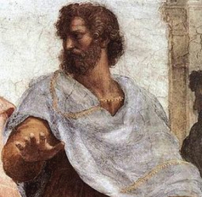 Photo of Aristotle facing on the left, with right hand flattened and palm downward.