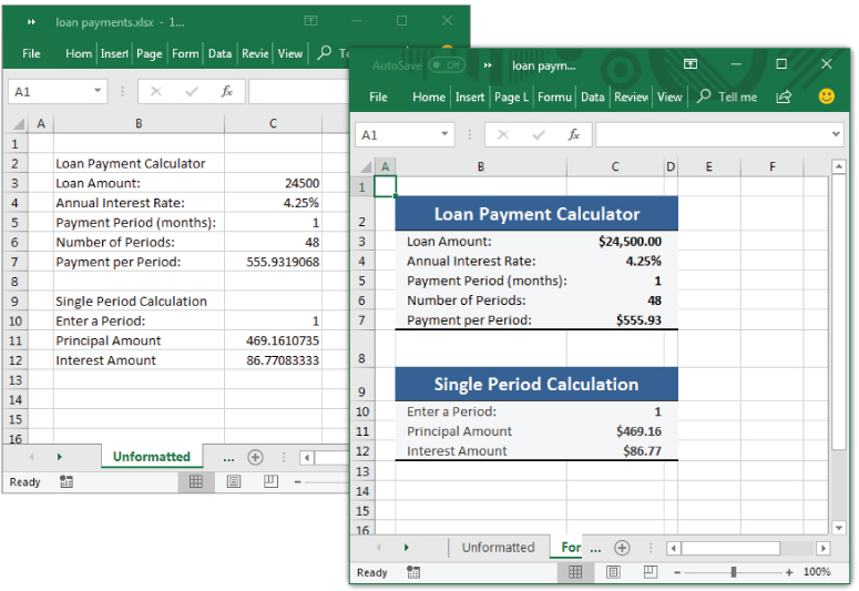 Screenshot of an Excel worksheet displaying the simple formatting of the calculation of a loan payment.