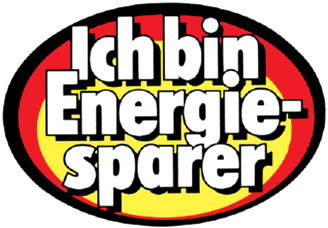 The illustration shows a sticker labeled as Ichbin Energie-sparer in German language which means I am an energy saver.
