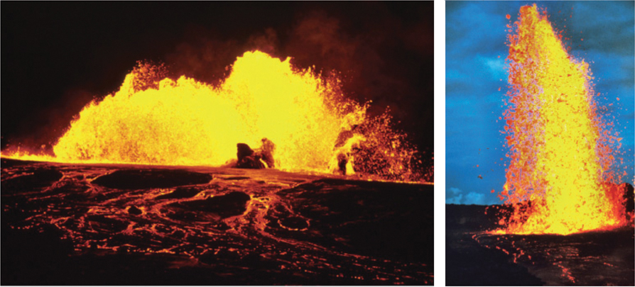 The illustration shows two images of volcanic eruptions producing hot lava, volcanic ash and pumice.