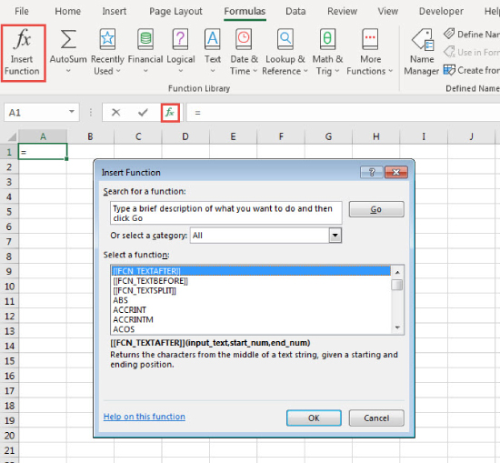 Excel window displaying the selected Formulas tab and Insert Function button and a popped-up Insert Function dialog box. The dialog box has a highlighted function [[FCN_TEXTAFTER]] and OK and Cancel buttons.