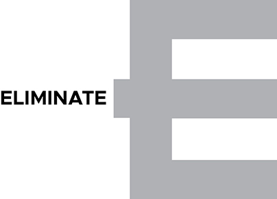 Image shows the alphabet E in a large size with the word eliminate written next to it.