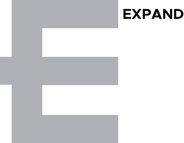 Image shows the alphabet E in a large size with the word expand written next to it.