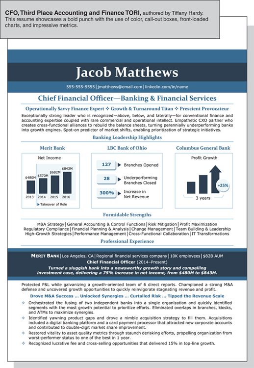 Illustration of the first page of a resume presenting the professional experiences of a chief financial officer, depicting a bold font with call-out boxes, front-loaded charts, and impressive metrics.