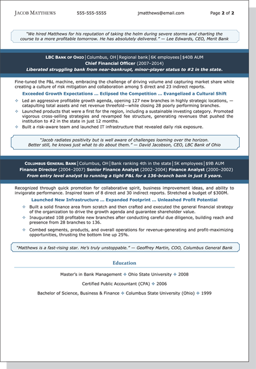 Illustration of the second page of the same resume presenting the professional experiences of the same chief financial officer, depicting a bold font with call-out boxes, front-loaded charts, and impressive metrics.