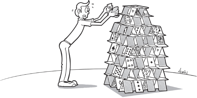 Image depicting a man setting up a pack of cards depicting how skills, behaviour and leadership form the people-focused elements within the model.