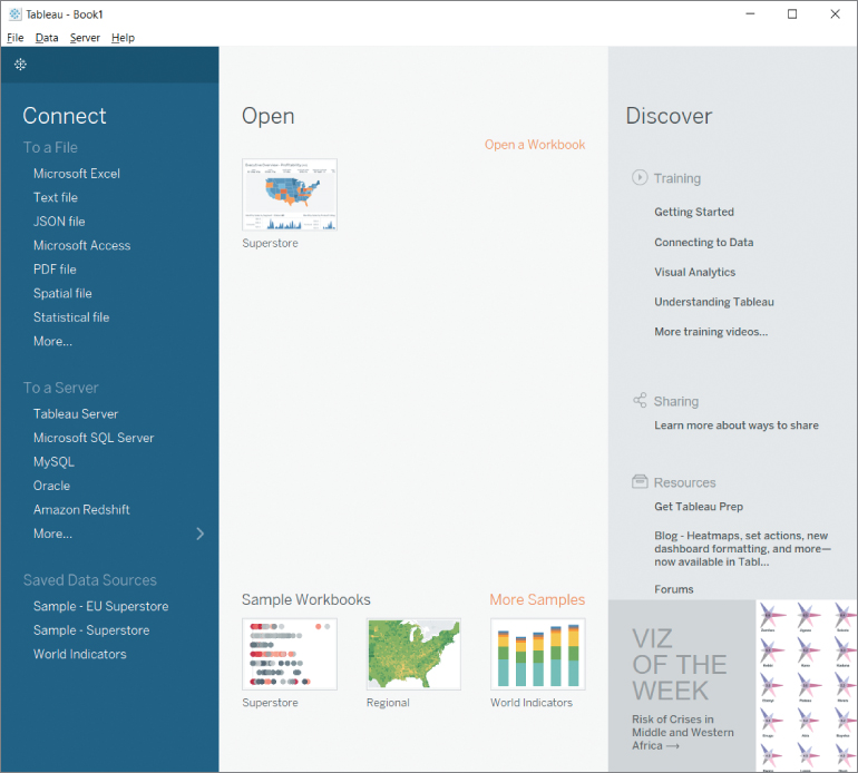 Screenshot of connecting a variety of common file and server types in Tableau.