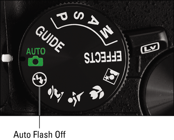Image depicting the Mode dial of a camera to set it to Auto or Auto Flash Off for point-and-shoot simplicity.