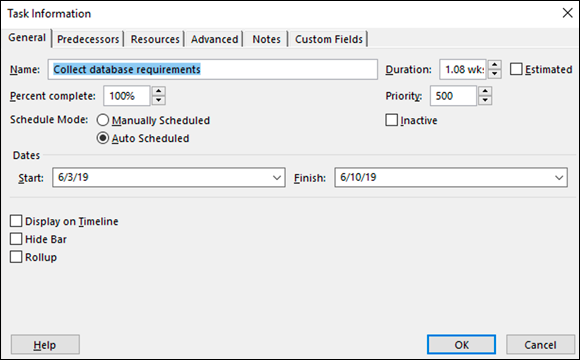“Screenshot of the Task Information dialog box to enter or modify durations, predecessor information, resources, notes, task types, and constraints.”