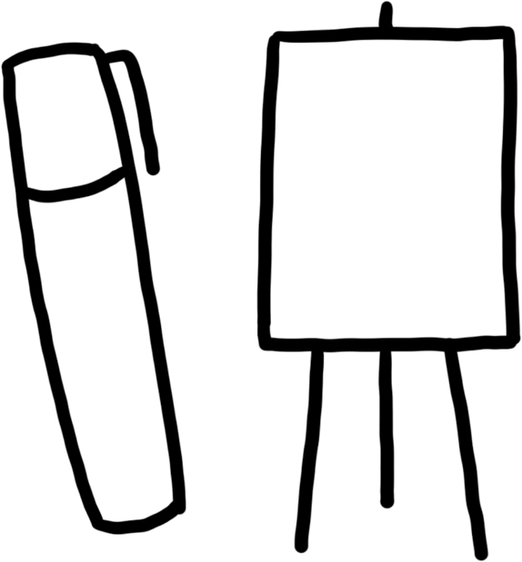 Image of an easel and  a poster over it and on left-hand side is the image of a pen.
