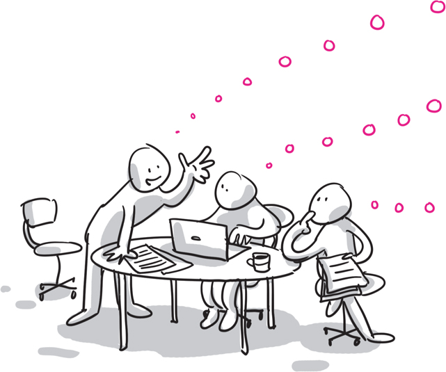 Cartoon image of three people around a table, working and interacting, with all three having a common thought bubble that diagrammatically represents all the concerns that need to be addressed.
