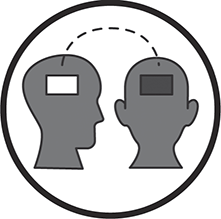 Diagrammatic representation of two heads one with empty box and another with a filled box and a dotted line connecting two heads, which symbolizes cybersecurity skill gap.
