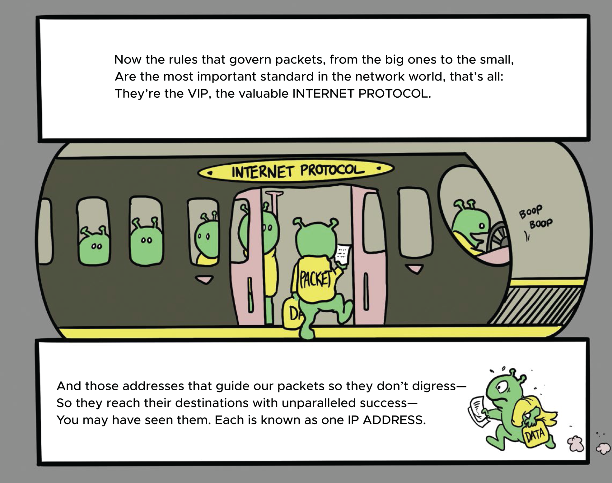 Cartoon illustration of a train that represents internet protocol allowing the packets to get inside.