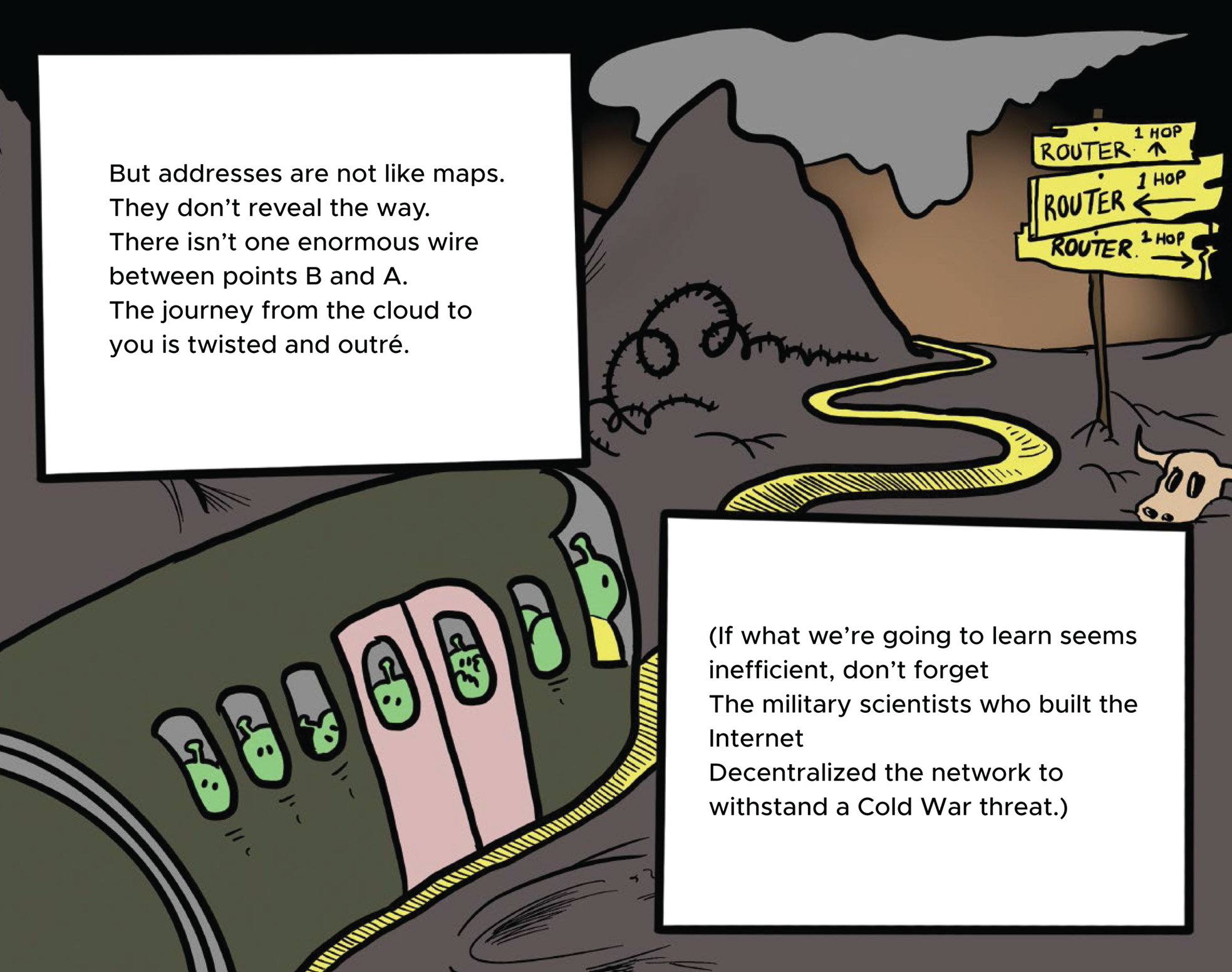 Cartoon illustration of the train that represents internet protocol travelling through the internet.