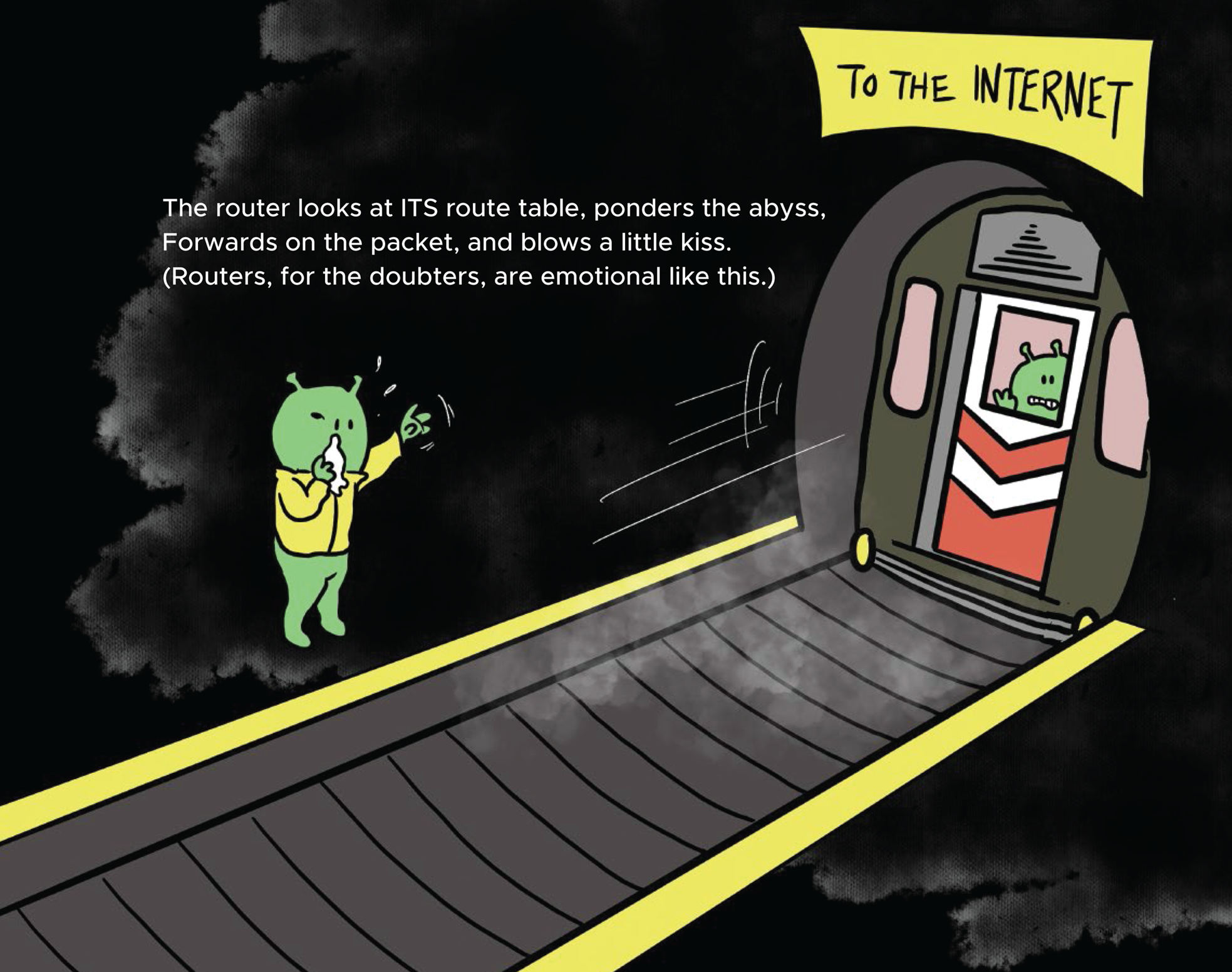 Cartoon illustration of a packets being delivered to the internet.