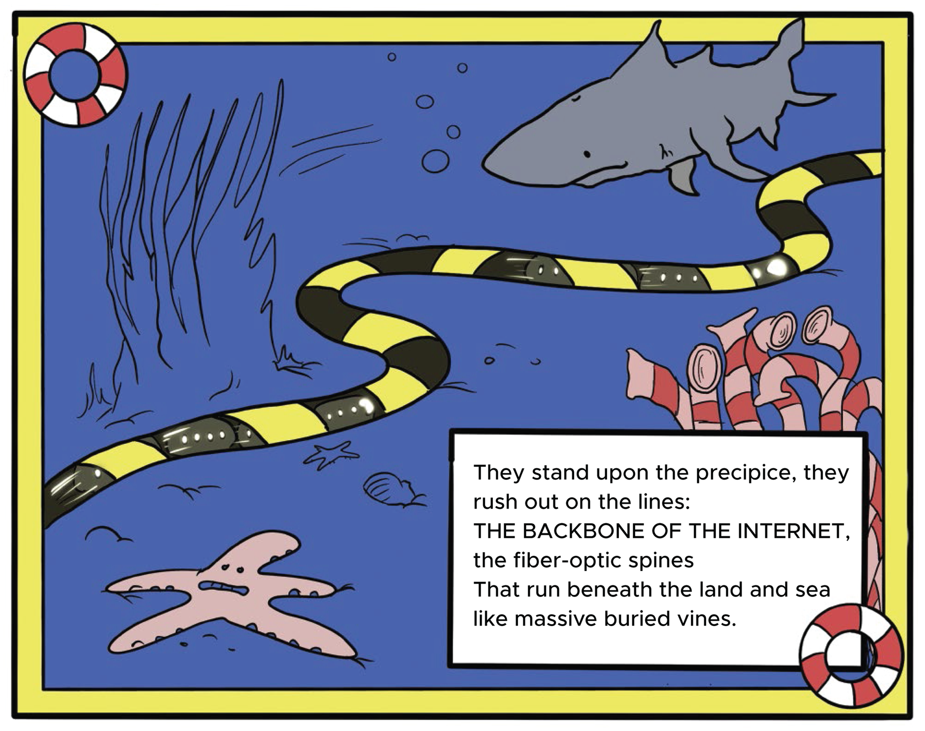 Cartoon illustration of the backbone of the internet that run beneath the sea.