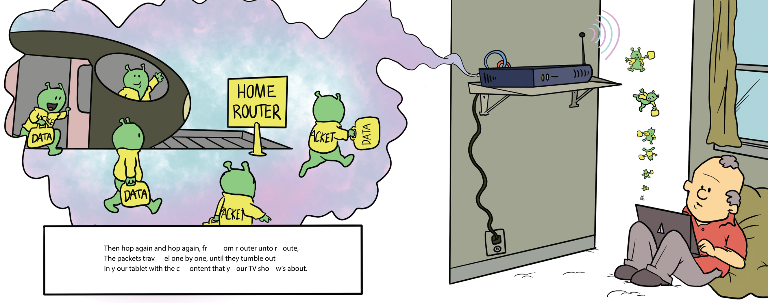 Cartoon illustration of the packets being delivered to the home router.