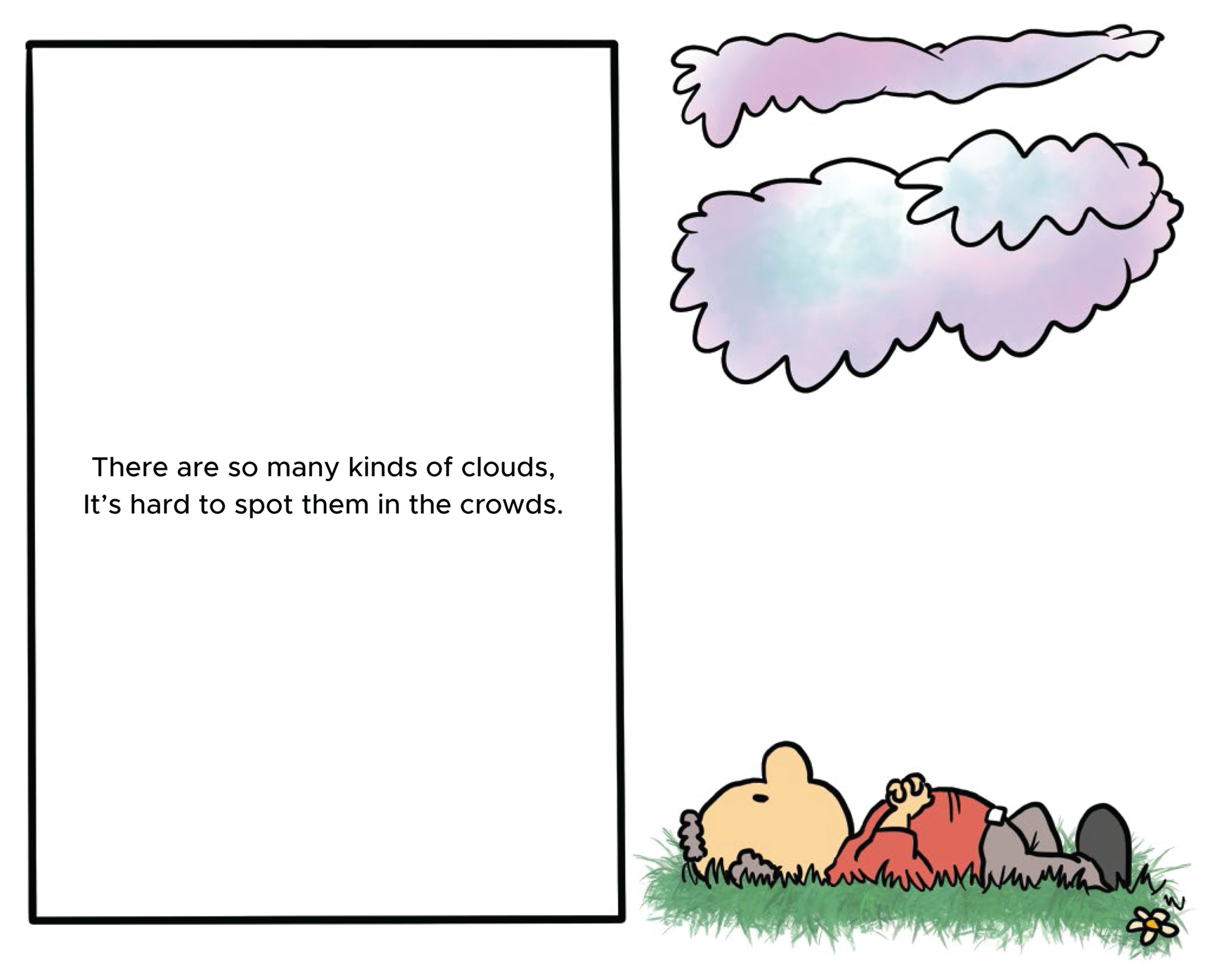 Cartoon illustration of a man lying on the floor watching the clouds.